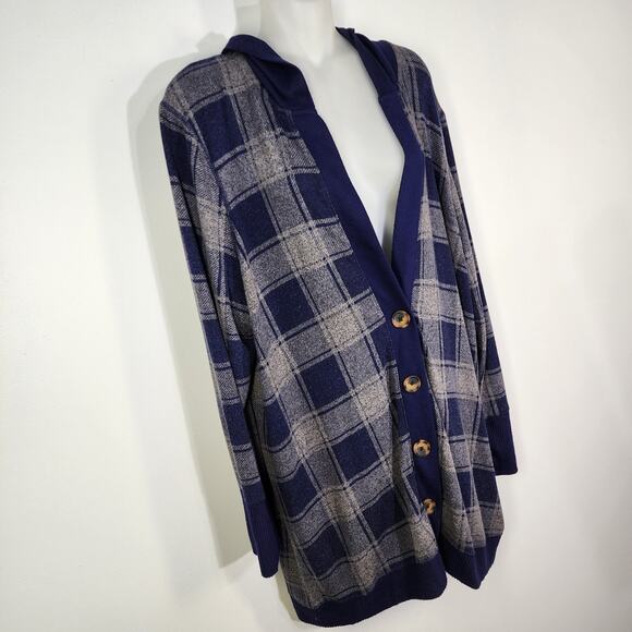 Maurices Hooded Cardigan Sweater Size XL Blue Gray Plaid Stretch V Neck Buttons - Picture 4 of 11